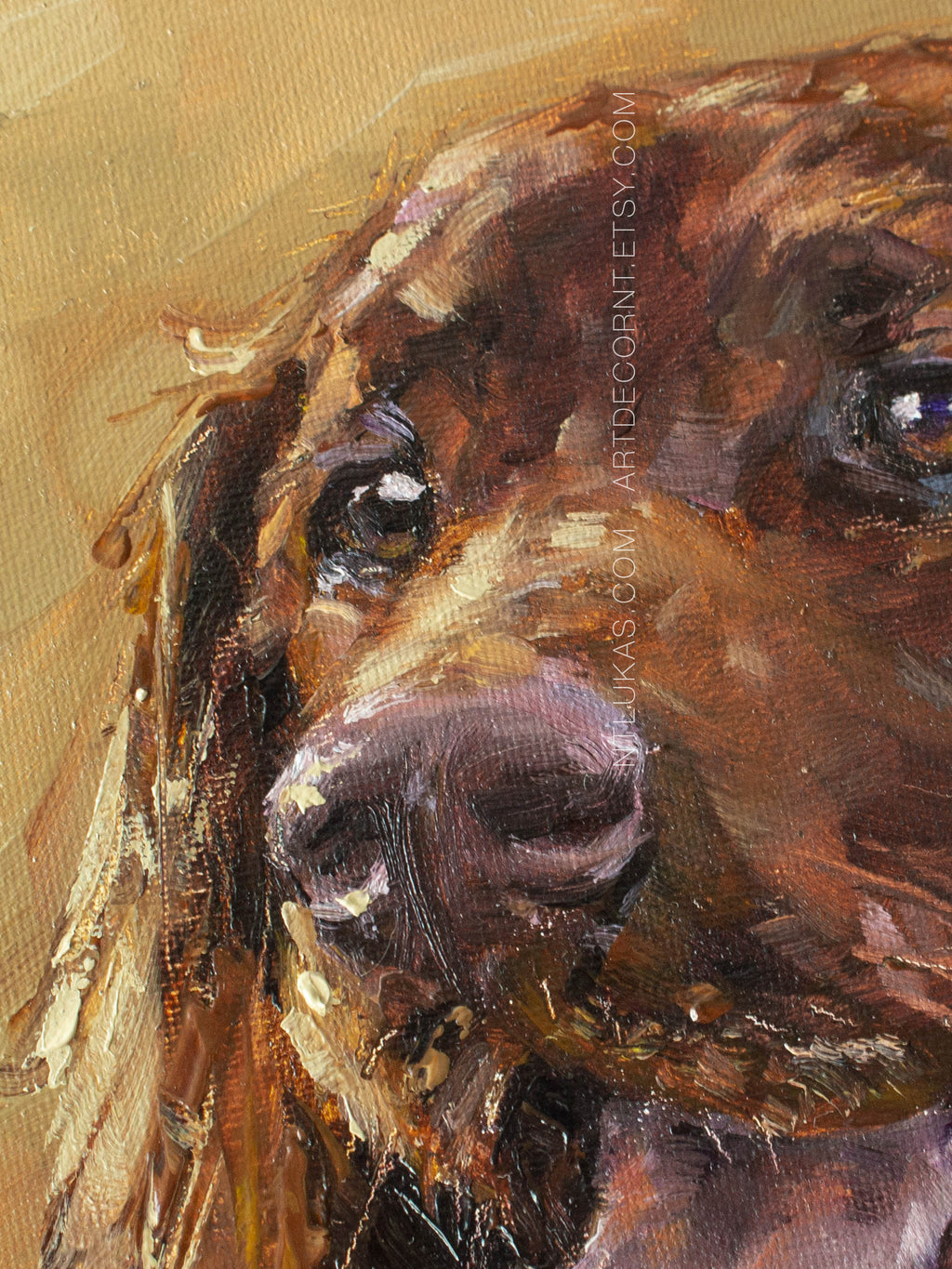 Close-up painting of a dog's face with a warm color palette