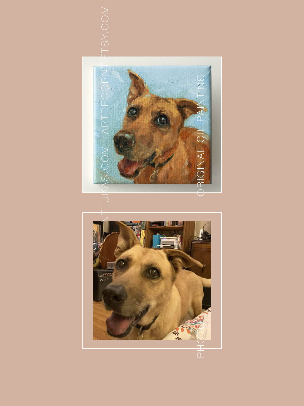 Two images of dogs, one a painting and the other a reference photo for the painting on a beige background.