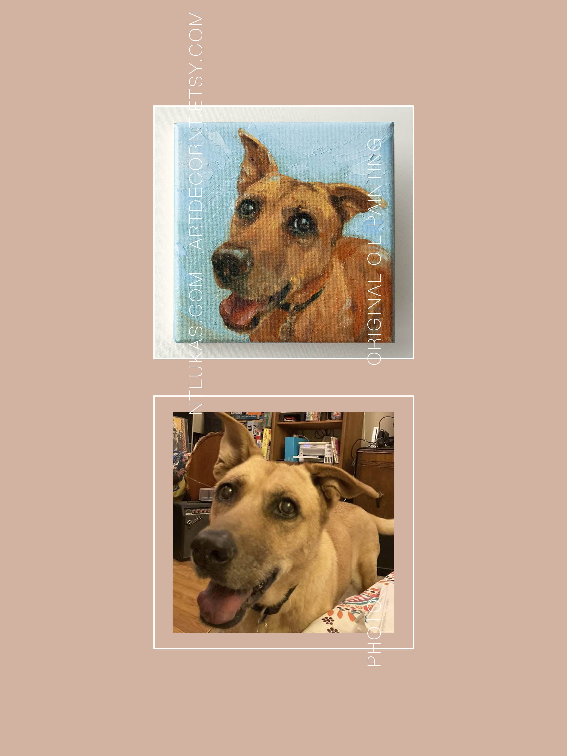 Two images of dogs, one a painting and the other a reference photo for the painting on a beige background.