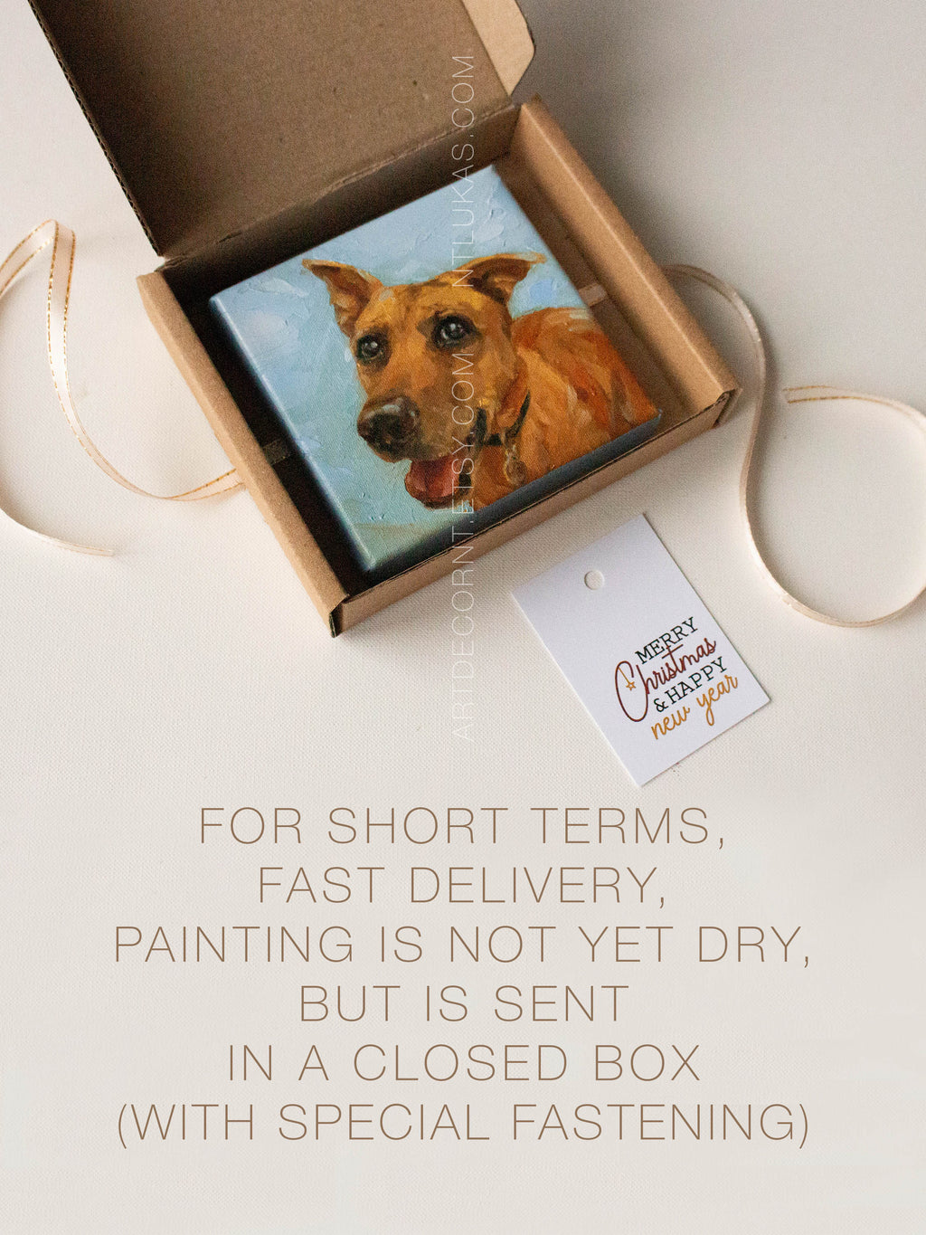 Painting of a dog in an open box with a Christmas tag on a light background