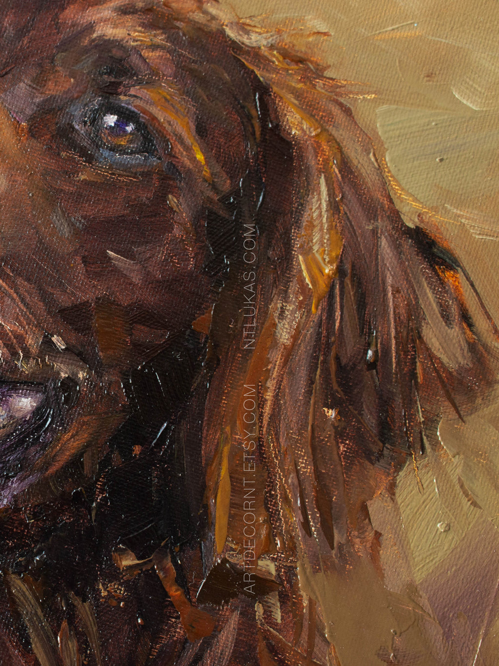 Close-up of a painting of a horse's head with a textured background