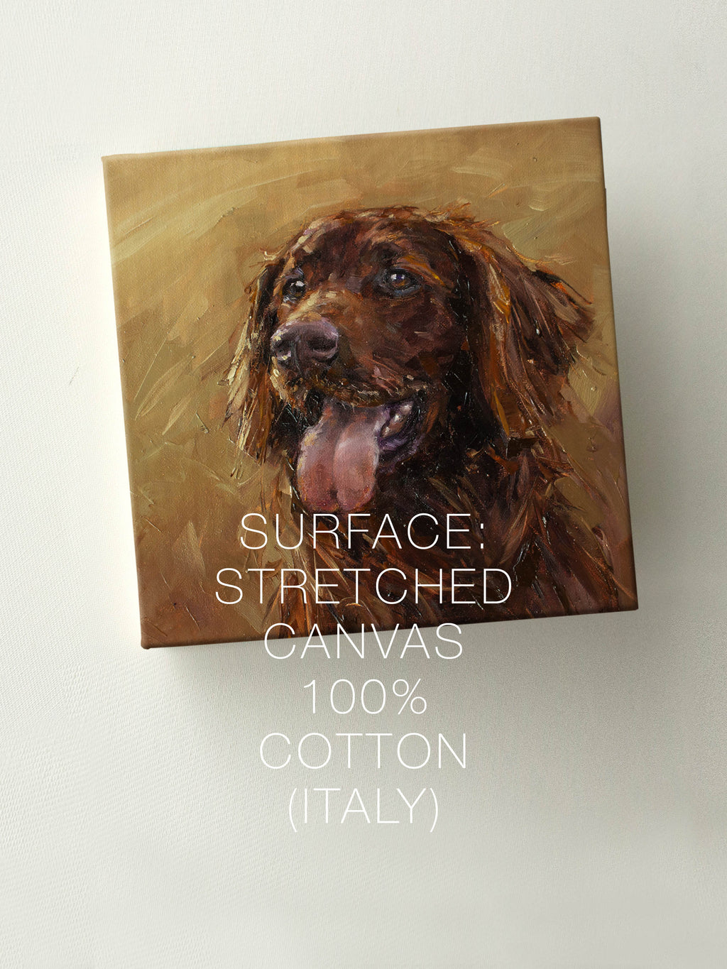 Canvas print of a brown dog with text about the canvas material on a white background