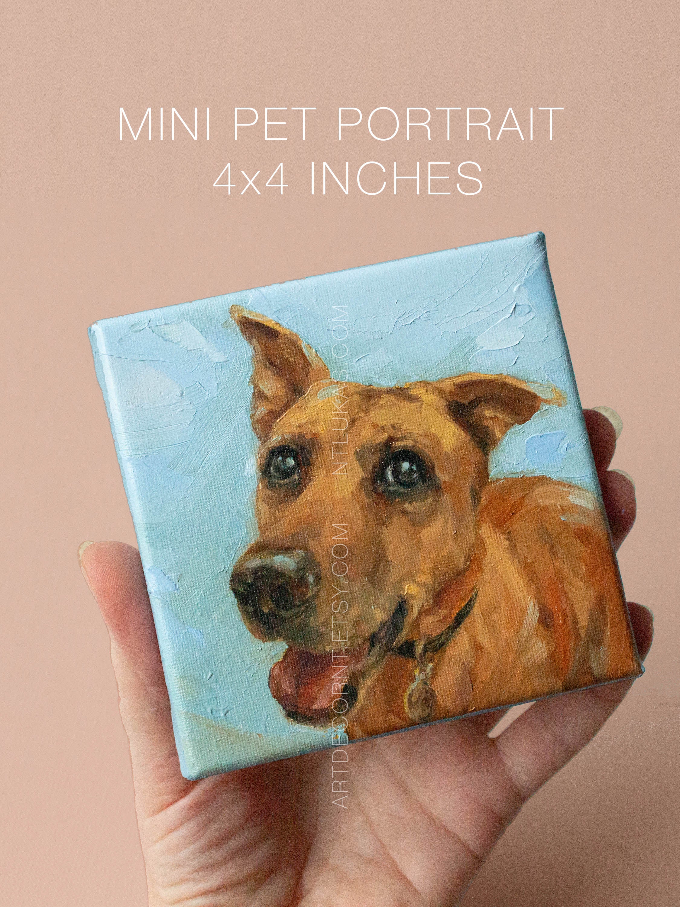 Miniature pet portrait of a brown dog on a small square canvas held in a hand against a beige background.