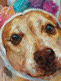 Artistic close-up of a dog's face with a colorful background