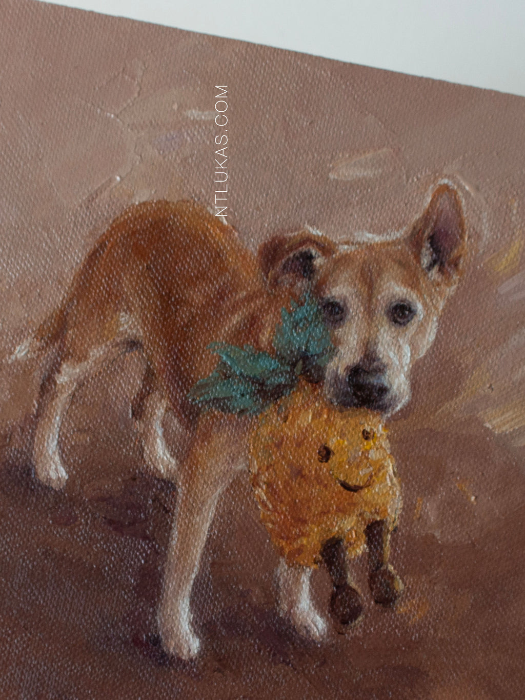 Painting of a dog holding a pineapple toy on a brown background